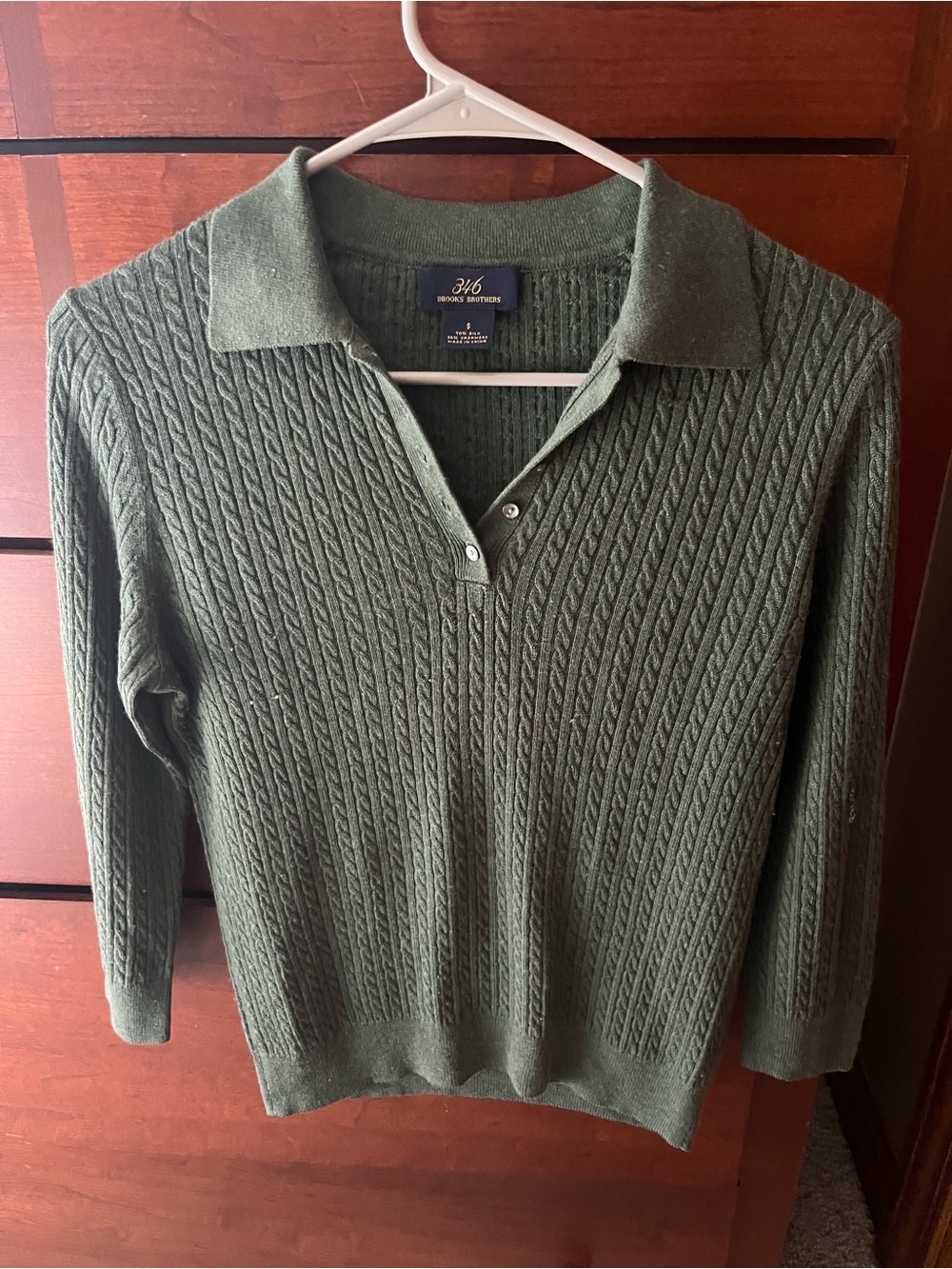 Brooks Brothers 346 Olive Cable Knit Silk & Cashmere Polo 3/4 Sleeve Sweater